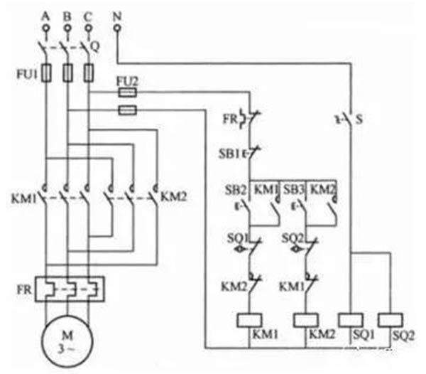 可逆正反轉(zhuǎn)啟動，接近開關(guān)控制電機到行程自動停止電路接線圖