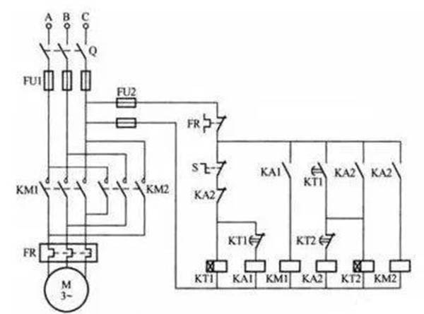 電機正反轉(zhuǎn)，限時自動往返(時間繼電器)控制電路接線圖